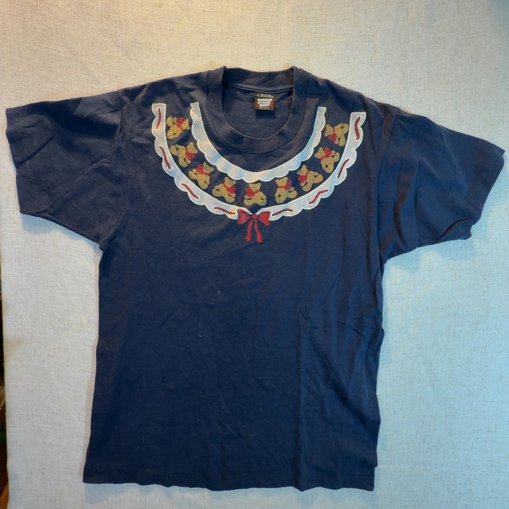 Screen Stars Vintage Graphic T-Shirt Teddy Bear Navy Blue Size Large